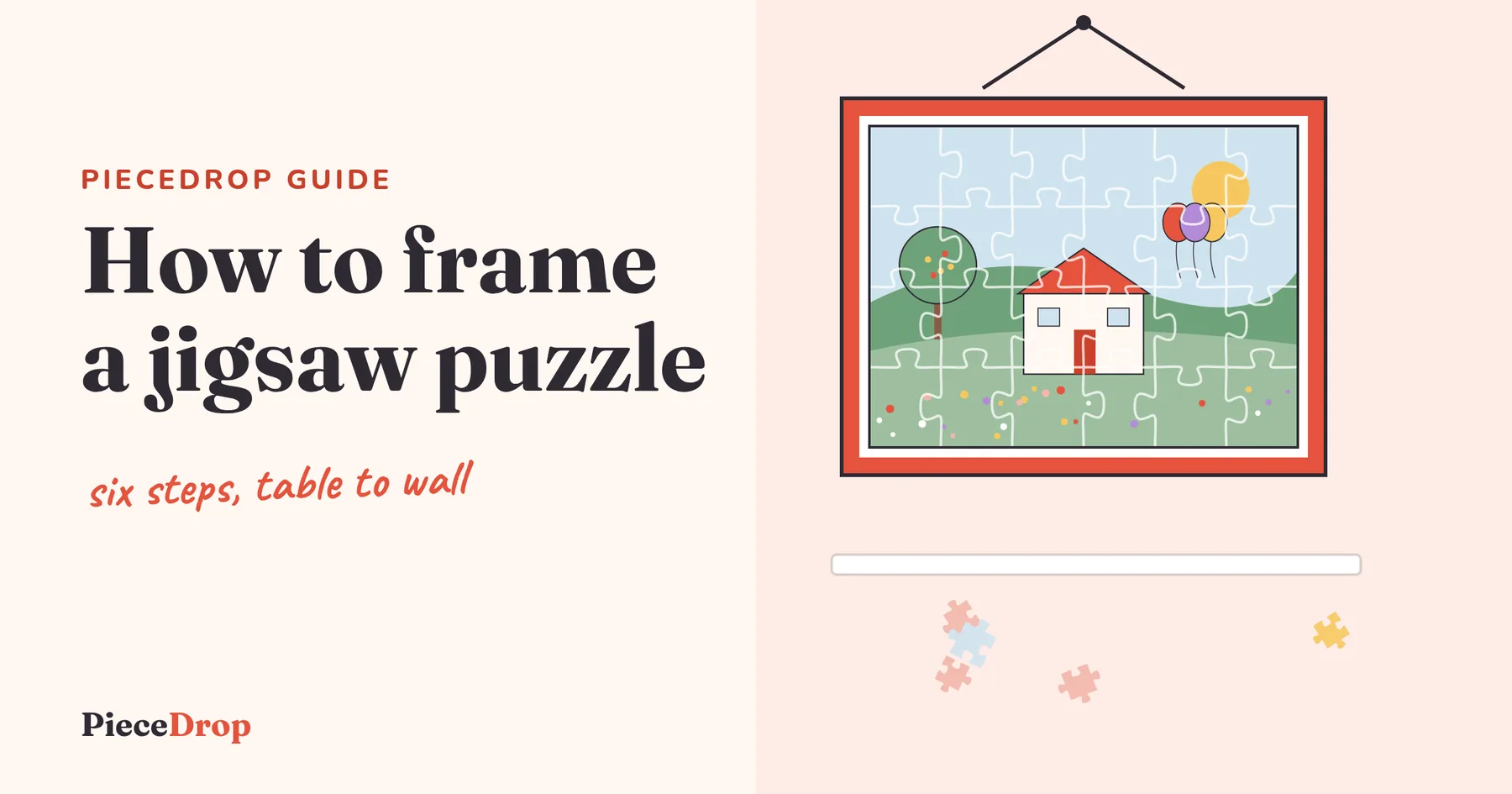 Illustration: a finished jigsaw puzzle in a coral frame hanging on a wall