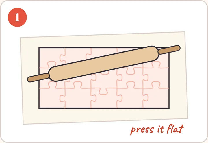 Step 1 drawing: a finished puzzle on parchment paper with a rolling pin pressing it flat