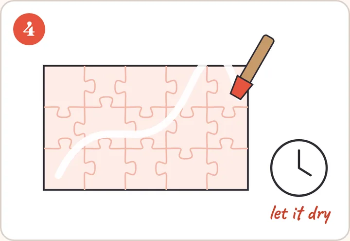 Step 4 drawing: a brush spreading a thin coat of glue across the puzzle, with a clock for drying time