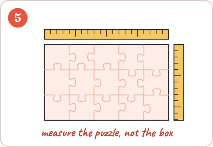 Step 5 drawing: rulers measuring the width and height of the finished puzzle, not the box