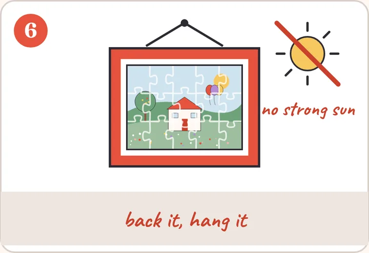 Step 6 drawing: the framed puzzle hanging on a wall, with strong sun crossed out