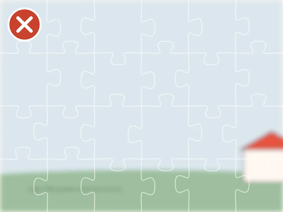 Illustrated example of a hard puzzle photo: blurry, mostly plain sky, the house cut off at the edge and tiny text