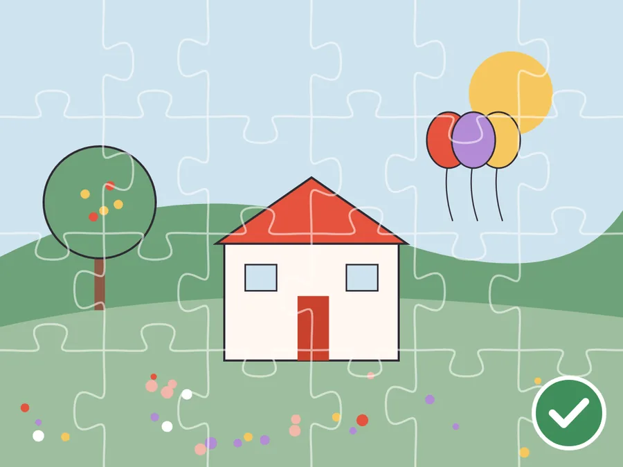 Illustrated example of a good puzzle photo: sharp and bright, with a house, a tree, flowers and balloons filling the frame
